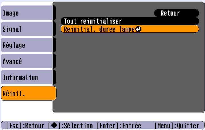 EPSON EMP-732 - Sélectionnez "reinitial. durée lampe" dans le menu "réinit.", puis appuyez sur la touche [enter]. - 1