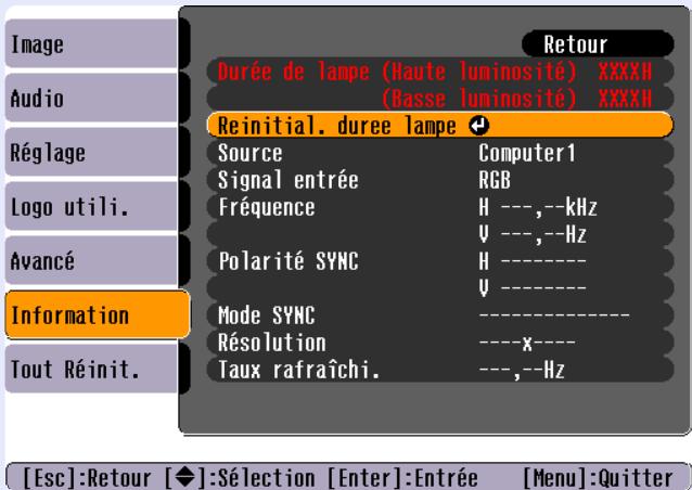 EPSON EMP-74 - Sélectionnez "Réinitialisation durée lampe" dans le menu "Information", puis appuyez sur la touche [Enter]. - 1