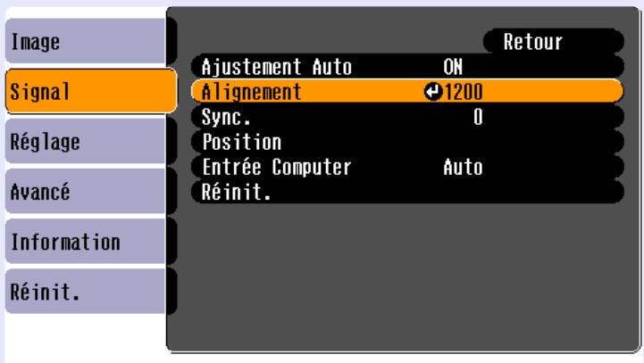 EPSON EMP-740 - Appuyez sur la touche [Menu] de la télécommande ou du panneau de commande du projecteur, puis sélectionnez "Alignment" sur le menu de configuration "Signal". - 1