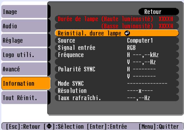 EPSON EMP-74L - Sélectionnez "reinitial. durée lampe" dans le menu "information", puis appuyez sur la touche [enter]. - 1