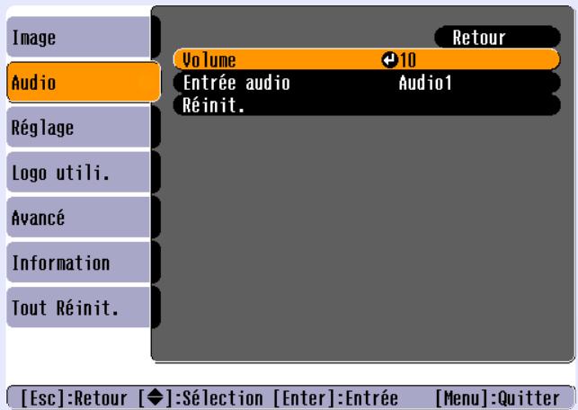 EPSON EMP-74L - Appuyez sur la touche [menu] de la télécommande, puis sélectionnez l'option "volume" du menu "audio". - 1