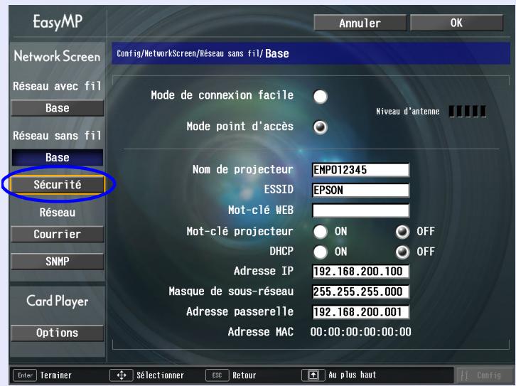 EPSON EMP-755 - Placez le curseur sur "réseau sans fil" - la touche "sécurité", puis appuyez sur la touche [enter] de la télécommande. - 1