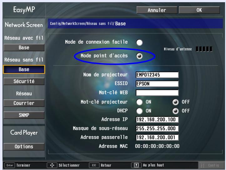 EPSON EMP-755 - Placez le curseur sur "mode point d'accès", puis appuyez sur la touche [enter] de la télécommande. - 1
