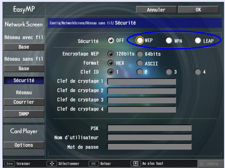 EPSON EMP-755 - Placez le curseur sur "réseau sans fil" - la touche "sécurité", puis appuyez sur la touche [enter] de la télécommande. - 3