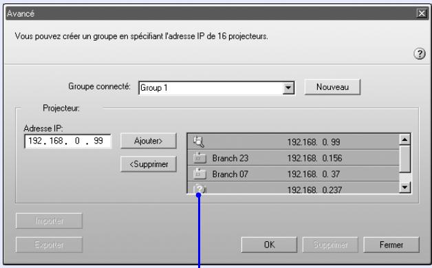 EPSON EMP-755 - L'adresse IP apparaitra dans la liste "projecteur" et une icône apparaitra à côté de cette adresse pour indiquer que la recherche est en cours. si le projecteur est trouvé, le nom du projecteur sera affiché dans la liste "projecteur". si vous souhaitez ajouter un autre projecteur, refaites l'étape 5. - 1