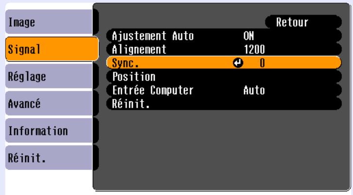 EPSON EMP-760 - Appuyez sur la touche [Menu] de la télécommande ou du panneau de commande du projecteur, puis sélectionnez "Sync." sur le menu de configuration "Signal". - 1