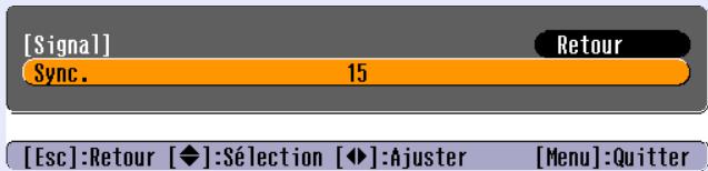 EPSON EMP-760 - Inclinez la touche [◇] de la télécommande ou appuyez sur les touches [◇] et [◇] du panneau de commande du projecteur pour régler la valeur de la synchronisation jusqu'à ce que le tremblement, le flou ou les interférences disparaisent des images. - 1