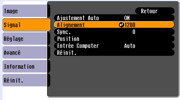 EPSON EMP-760 - Appuyez sur la touche [Menu] de la télécommande ou du panneau de commande du projecteur, puis selectionnez "Alignment" sur le menu de configuration "Signal". - 1