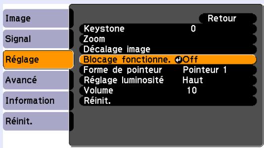 EPSON EMP-S4 - Dans le menu de configuration, Sélectionnez "Réglage" - "Blocage fonctionne". - 3