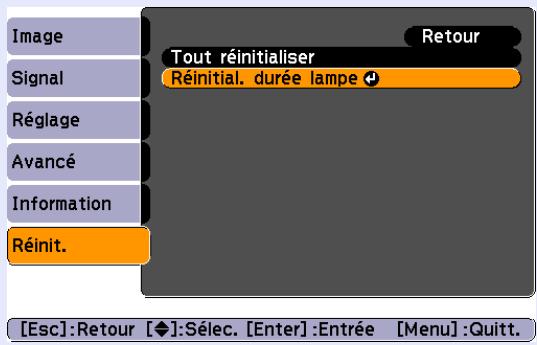 EPSON EMP-S4 - Sélectionnez "Réinit." dans le menu de configuration, puis sélectionnez "Réinitial. durée lampe". - 4