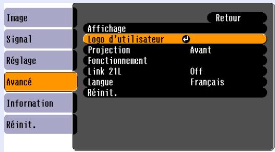 EPSON EMP-X3 - Sélectionnez "Avancé" dans le menu de configuration, puis sélectionnez "Logo d'utilisateur". - 1