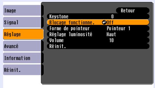 EPSON EMP-X3 - Dans le menu de configuration, Sélectionnez "Réglage" - "Blocage fonctionne." - 3