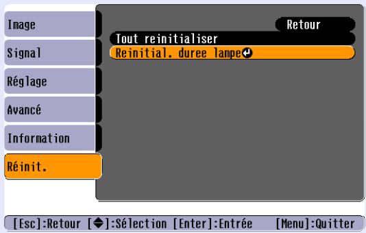 EPSON EMP-X3 - Sélectionnez "Réinit." dans le menu de configuration, puis sélectionnez "Reinitial. duree lampe". - 4