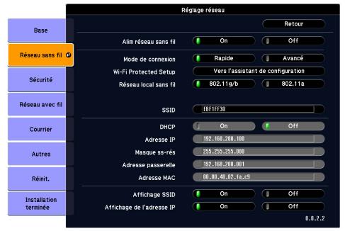 EPSON EB-1830 - Menu LAN sans fil (uniquement lorsque l'unité LAN sans fil fournie ou en option est insérée) - 1