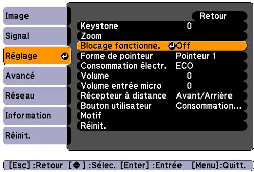 EPSON EB-460 - Pendant la projection, appuyez sur le bouton [Menu] puis choisissez Blocage fonctionne. dans le menu Réglage du menu Configuration. "Utilisation du Menu Configuration" p.75 - 3
