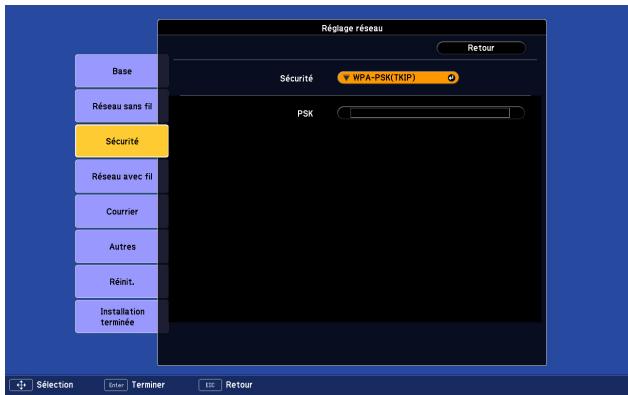 EPSON EB-Z8000W - Menu Sécurité (uniquement si l'unité LAN sans fil en option est installée) - 4