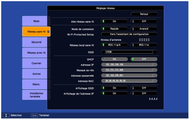 EPSON EB-Z8050W - Menu Réseau sans fil (uniquement si l'unité LAN sans fil en option est installée) - 1