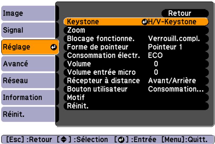 EPSON EB-430 - Sélectionnez Keystone dans Réglage. - 1