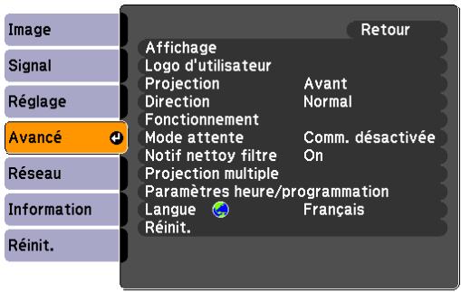 Image Signal Réglage Avancé Réseau Information Réinit. Affichage Logo d'utilisateur Projection Avant Direction Normal Fonctionnement Mode attente Comm. désactivée Notif nettoy filtre On Projection multiple Paramètres heure/programmation Langue Français Réinit.