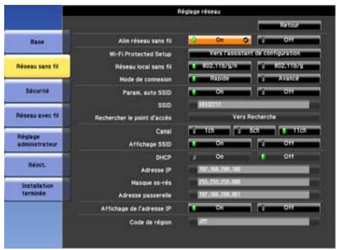 Réglage réseau Base Réseau sans fi Sécurité Réseau avec fi Réglage administrateur Réint. Installation terminée Alim réseau sans fi On Off Wi-Fi Protected Setup Vors assistant de configuration Réseau local sans fi 802.11B/978 802.11B/s Mode de connexion RAGD36 AVANCE Param. auto SSSD On Off SSSD 18327111 Rechercher le point d'accès Vors Recherche Canal 1ch 5ch 11ch Affichage SSSD On Off DHCP On Off Adresse IP: 187.168.798.198 Masque ss-rés: 220.755.255.899 Adresse passerelle: 187.168.798.991 Affichage de l'adresse IP: On Off Code de région Off