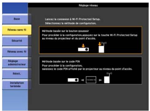 Mélage réseau Base Réseau sans fil Sécurité Réseau avec fil Mélage administrateur Réinst. Installation terminée Lancez la connexion à Wi-Fi Protected Setup. Sélectionnez la méthode de configuration. Méthode basée sur le bouton-poussoir Pour procéder à la configuration, appuyez sur la touche Wi-Fi Protected Setup au niveau du projecteur et du point d'accès. 3x10 Méthode basée sur le code PIN Pour procéder à la configuration, saisissez le code PIN affiché par le projecteur au niveau du point d'accès. 12248119 P(y)