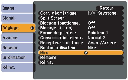 Image Signal Réglage Avancé Réseau Information Réinit. Corr. géométrique H/V-Keystone Split Screen Blocage fonctionne. Off Blocage util. obj. Off Forme de pointeur Pointeur 1 Consommation électr. Normal 2 Récepteur à distance Avant/Arrière Bouton utilisateur Mire Mire Mémoire Réinit.