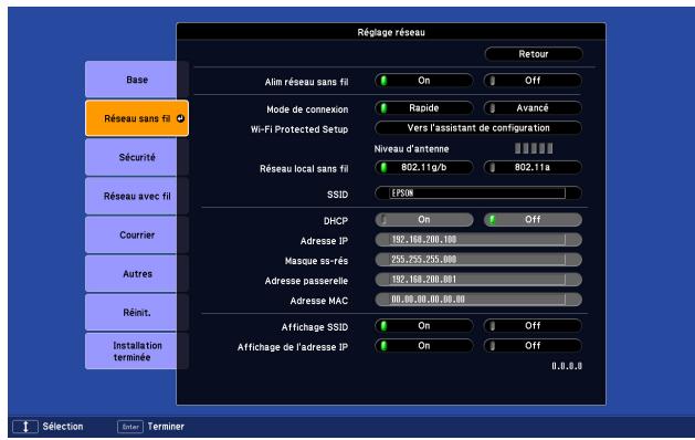 EPSON EB-Z8000WU - Menu Réseau sans fil (uniquement si l'unité LAN sans fil en option est installée) - 1