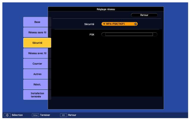 EPSON EB-Z8000WU - Menu Sécurité (uniquement si l'unité LAN sans fil en option est installée) - 4