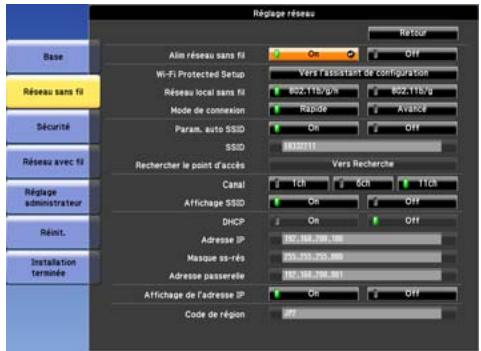 EPSON EB-Z8350W, EB-Z8450WU - Menu réseau sans fil - 1