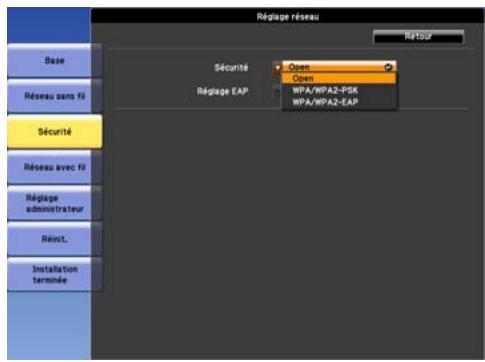 EPSON EB-Z8455WU - Menu Sécurité (uniquement disponible si l'unité LAN sans fil en option est installée) - 1