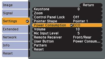 Image Signal Settings Extended Network Info Reset Keystone 0 Zoom Control Panel Lock Off Pointer Shape Pointer 1 Power Consumption ECO Volume 10 Mic Input Level 5 Remote Receiver Front/Rear User Button Power Consum... Pattern Reset Return