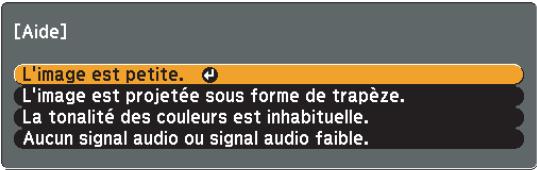 [Aide] L'image est petite. L'image est projetée sous forme de trapèze. La tonalité des couleurs est inhabituelle. Aucun signal audio ou signal audio faible.