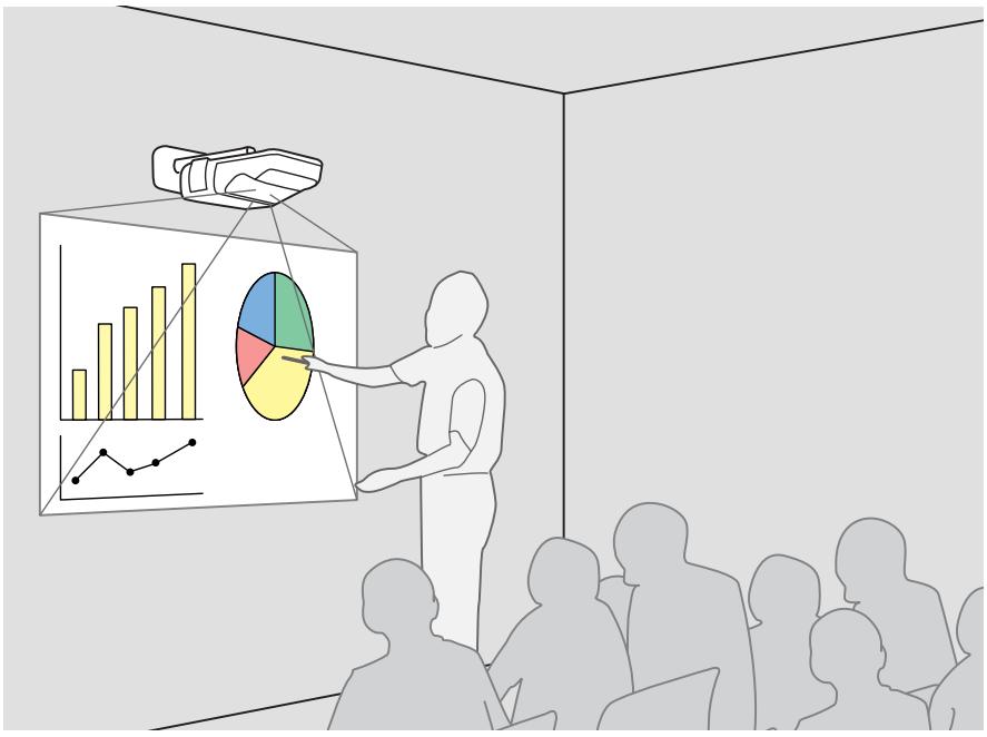 Illustration of a presentation with a presenter pointing to a pie chart and bar chart, surrounded by audience silhouettes.
