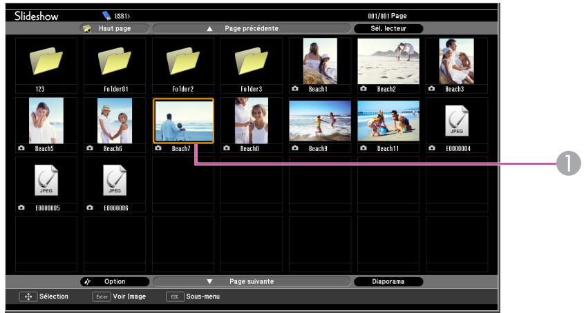 Slideshow Haut page Page précédente Sél. lecteur 123 Folder01 Folder2 Folder3 Beach1 Beach2 Beach3 Beach5 Beach6 Beach7 Beach8 Beach9 Beach11 E0000004 E0000005 E0000006 Option Page suivante Diaporama Sélection Enter Voir Image ESE Sous-menu