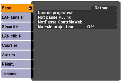 Base LAN sans fil Sécurité LAN câblé Courrier Autres Réinit. Terminé Nom de projecteur Mot passe PJLink MotPasse ContrôleWeb Mot-clé projecteur Off Retour