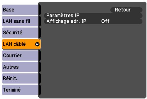 Base LAN sans fil Sécurité LAN câblé Courrier Autres Réinit. Terminé Paramètres IP Affichage adr. IP Off Retour