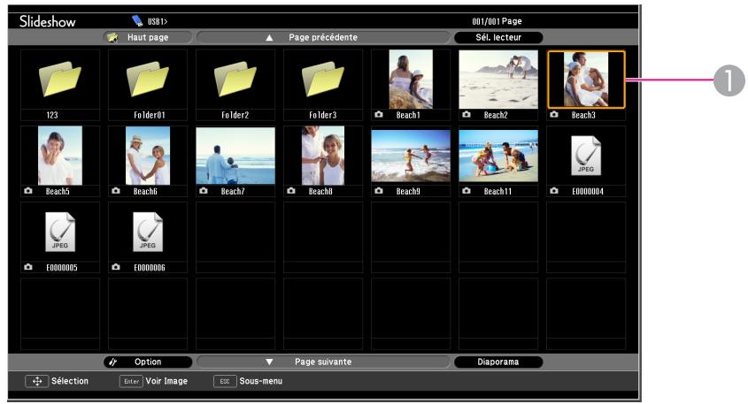 Slideshow Haut page Page précédente Sél. lecteur 123 Folder01 Folder2 Folder3 Beach1 Beach2 Beach3 Beach5 Beach6 Beach7 Beach8 Beach9 Beach11 E0000004 E0000005 E0000006 Option Page suivante Diaporama Sélection Enter Voir Image ESC Sous-menu