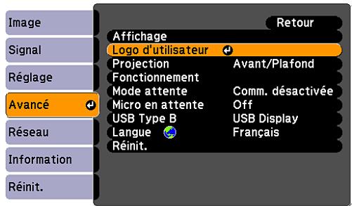 Image Signal Réglage Avancé Réseau Information Réinit. Affichage Logo d'utilisateur Projection Fonctionnement Mode attente Micro en attente USB Type B Langue Réinit. Avant/Plafond Comm. désactivée Off USB Display Français Retour