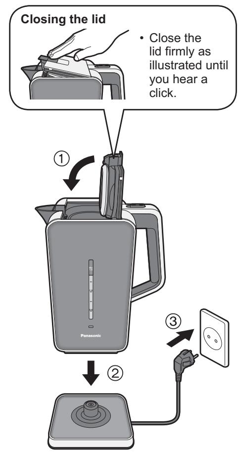 PANASONIC NC-DK1 - Close the lid, put the kettle on the power base and insert the mains plug. - 1