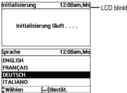 Initialisierung 12:00am,Mo LCD blinkt Initialisierung läuft . . . Sprache 12:00am,Mo ENGLISH FRANÇAIS DEUTSCH ITALIANO Wählen [←]Bestät.