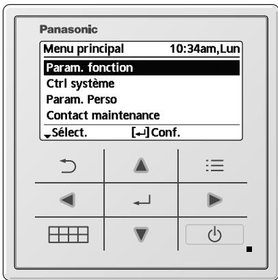 Panasonic Menu principal 10:34am,Lun Param. fonction Ctrl système Param. Perso Contact maintenance Select. [←]Conf.