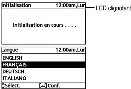 initialisation 12:00am,Lun LCD clignotant initialisation en cours . . . Langue 12:00am,Lun ENGLISH FRANÇAIS DEUTSCH ITALIANO Sélect. [←-] Conf.