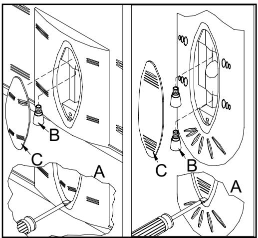 Technical diagram illustrating optical path and component alignment with labeled parts A, B, C