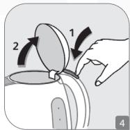 Diagram showing a hand holding a magnifying glass with labeled parts 1 and 2, indicating a process or operation.