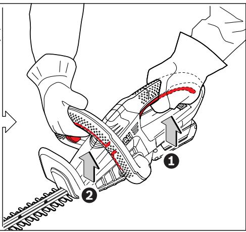 Technical diagram showing hands operating a mechanical device with labeled parts and directional arrows indicating motion or movement.