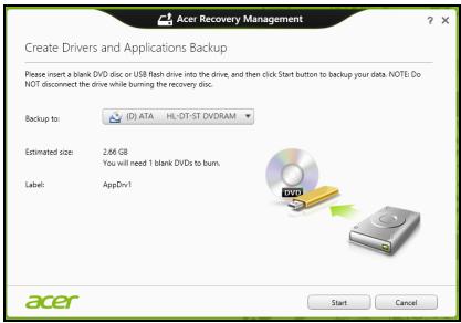 ACER ASPIRE V3-771G-73636G1TMAII - Kliknite Ustvari varnostno kopijo gonilnikov in aplikacij. - 2
