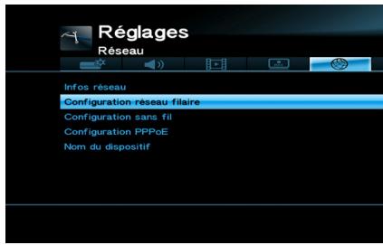 Réglages Réseau Infos réseau Configuration réseau filaire Configuration sans fil Configuration PPPoE Nom du dispositif