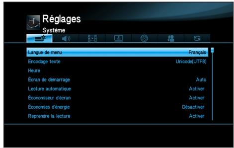 Réglages Système Langue de menu Encodage texte Heure Écran de démarrage Lecture automatique Économiseur d'écran Économies d'énergie Reprendre la lecture Français Unicode(UTF8) Auto Activer Activer Déactiver Activer
