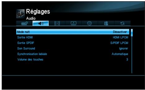 Réglages Audio Mode nuit Sortie HDMI Sortie SPDF Son Surround Synchronisation labiale Volume des touches Desactiver HDMI LPCM S/PDIF LPCM Ignorer Automatique 3