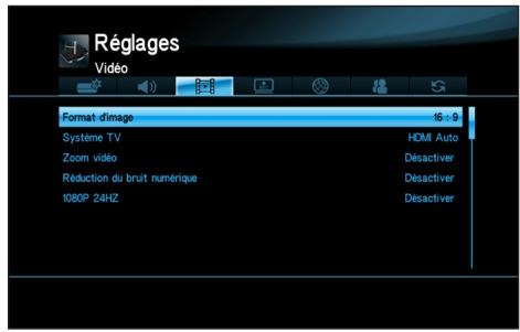 Réglages Vidéo Format d'image 16 : 9 Systeme TV HDMI Auto Zoom vidéo Déactiver Réduction du bruit numérique Déactiver 1080P 24HZ Déactiver